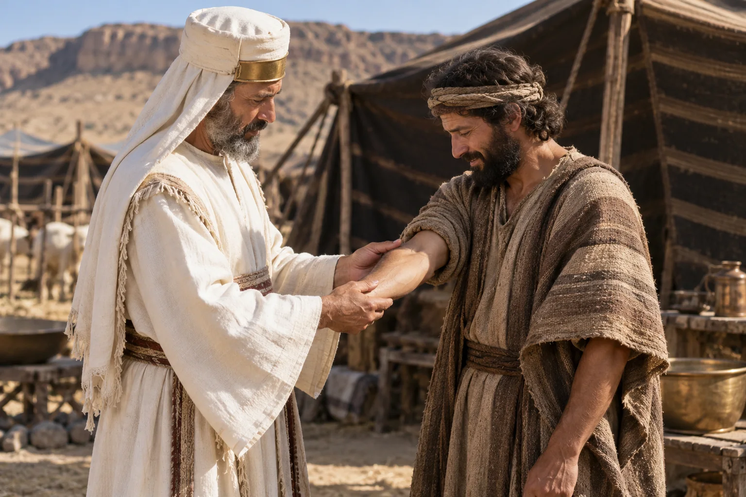 Beeld bij Leviticus 14: De priester onderzoekt de genezen man buiten het kamp