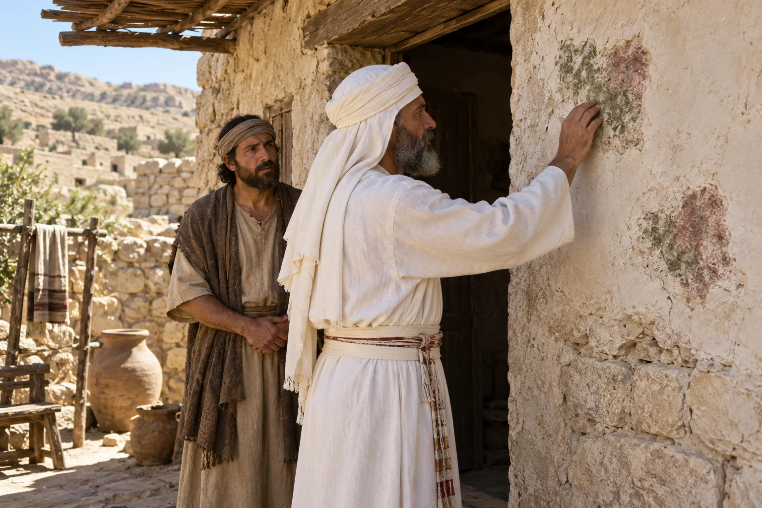 Beeld bij Leviticus 14: De priester onderzoekt de wand van een huis