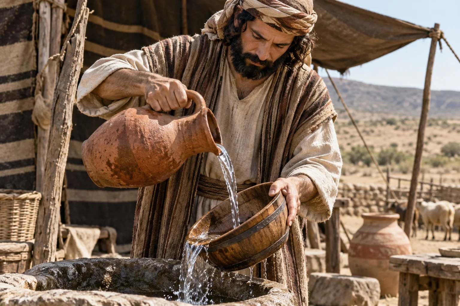 Beeld bij Leviticus 15: Een houten vat wordt met water gespoeld