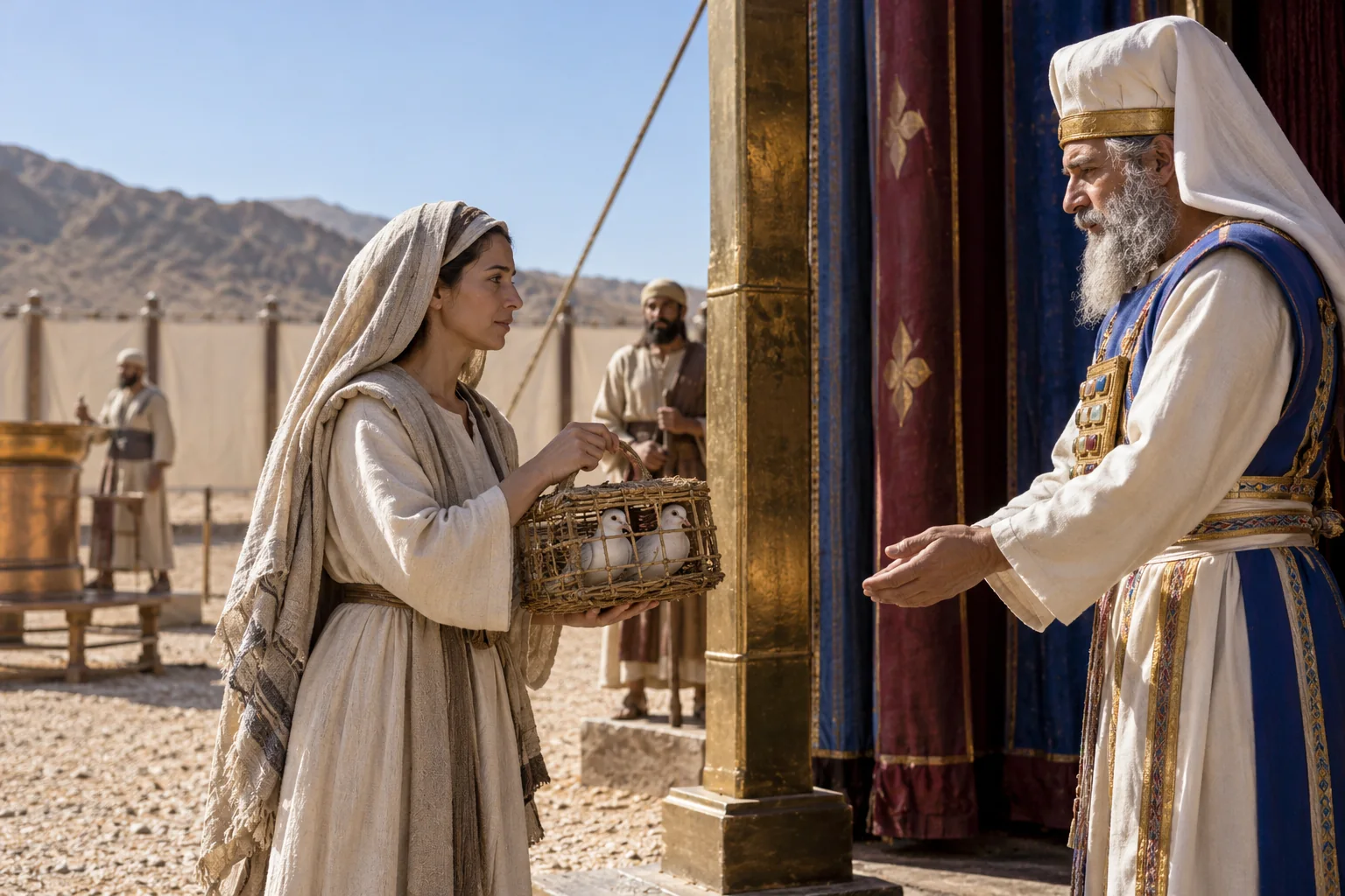 Beeld bij Leviticus 15: Een vrouw brengt twee duiven bij de priester