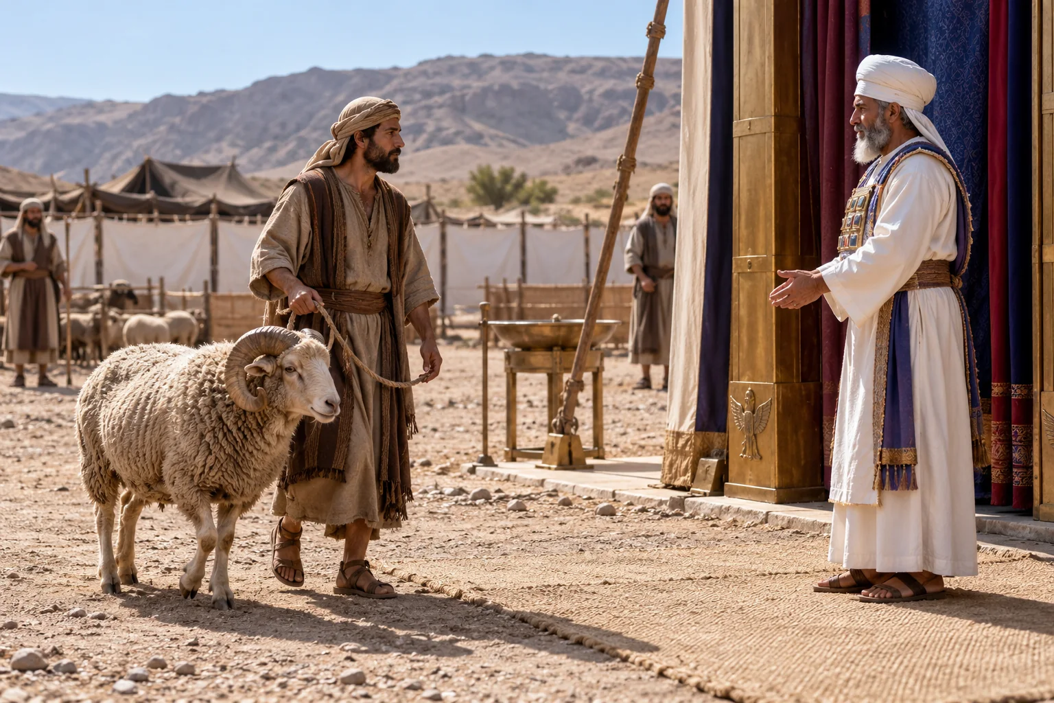 Beeld bij Leviticus 17: De offers worden naar de ontmoetingstent gebracht