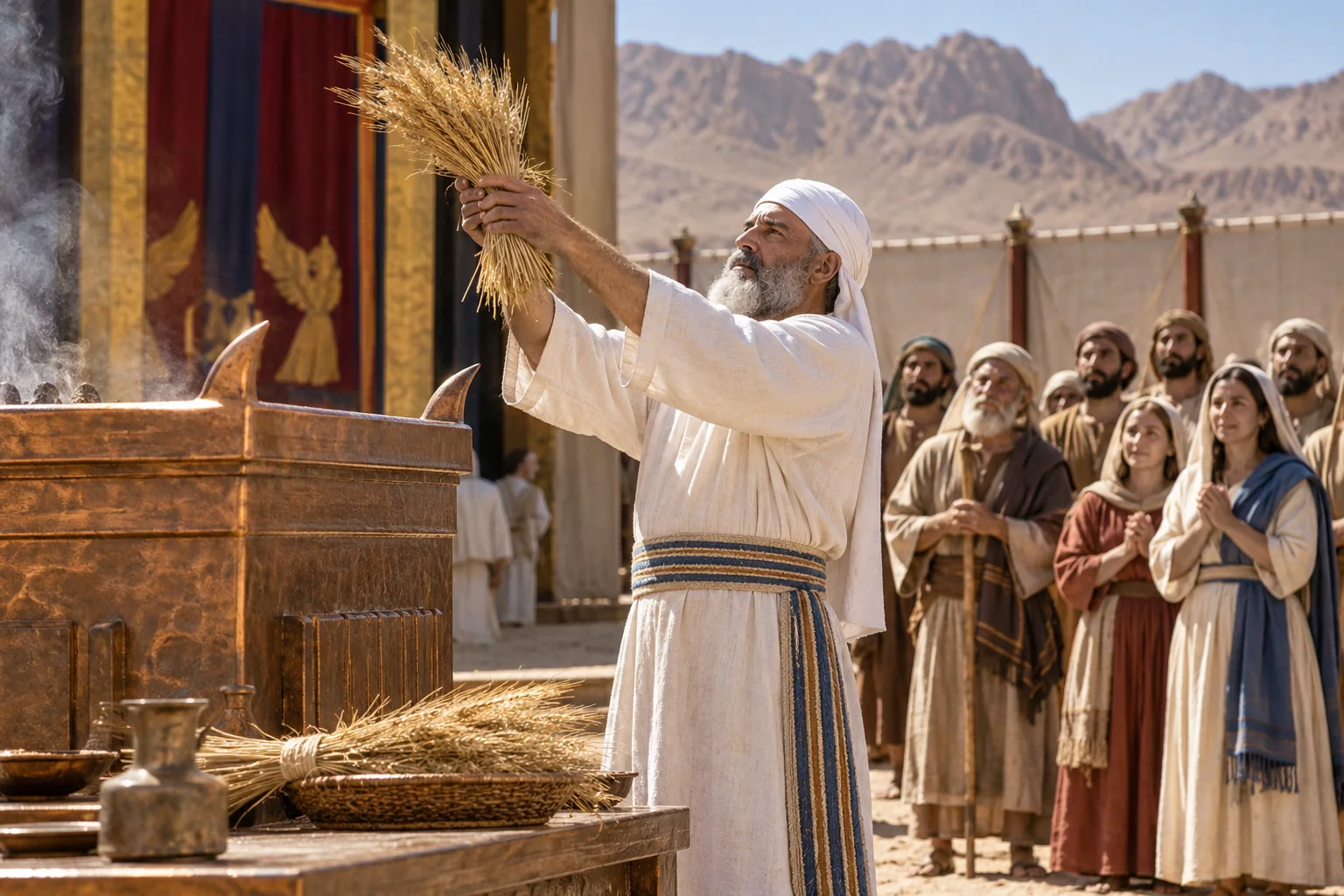 Beeld bij Leviticus 23: De priester beweegt de eerste garf