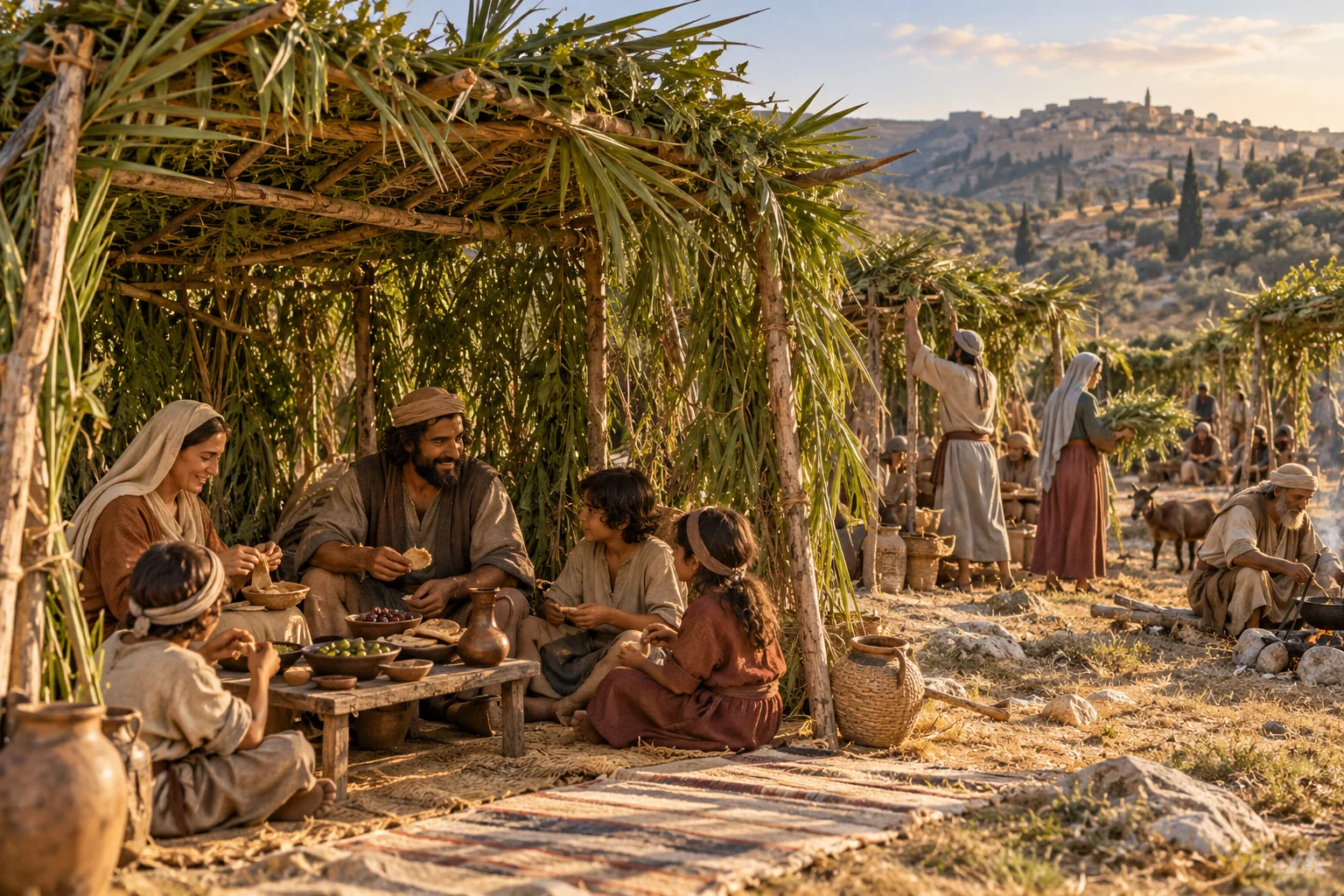 Beeld bij Leviticus 23: Israëlieten wonen tijdens het feest in loofhutten