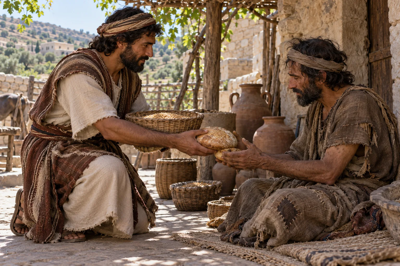 Beeld bij Leviticus 25: Een verarmde broeder wordt ondersteund
