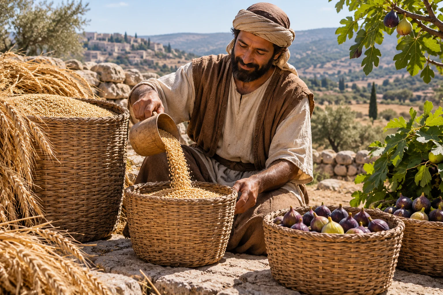 Beeld bij Leviticus 27: Een tiende van de opbrengst wordt apart gezet
