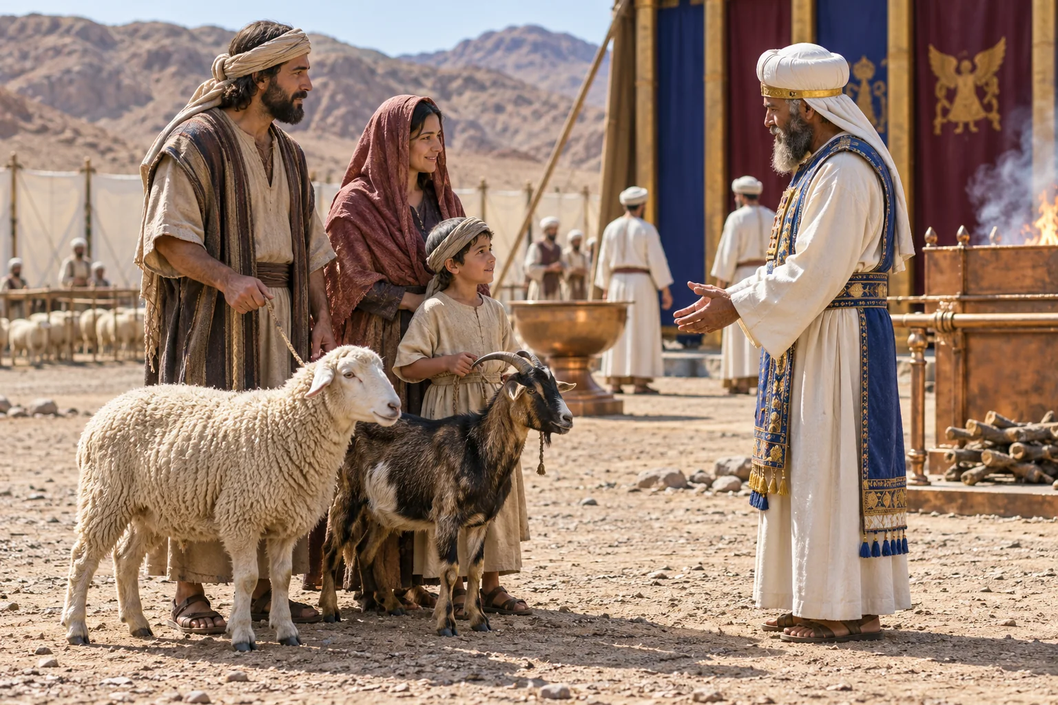 Een gezin brengt een schaap en een geit bij de priester