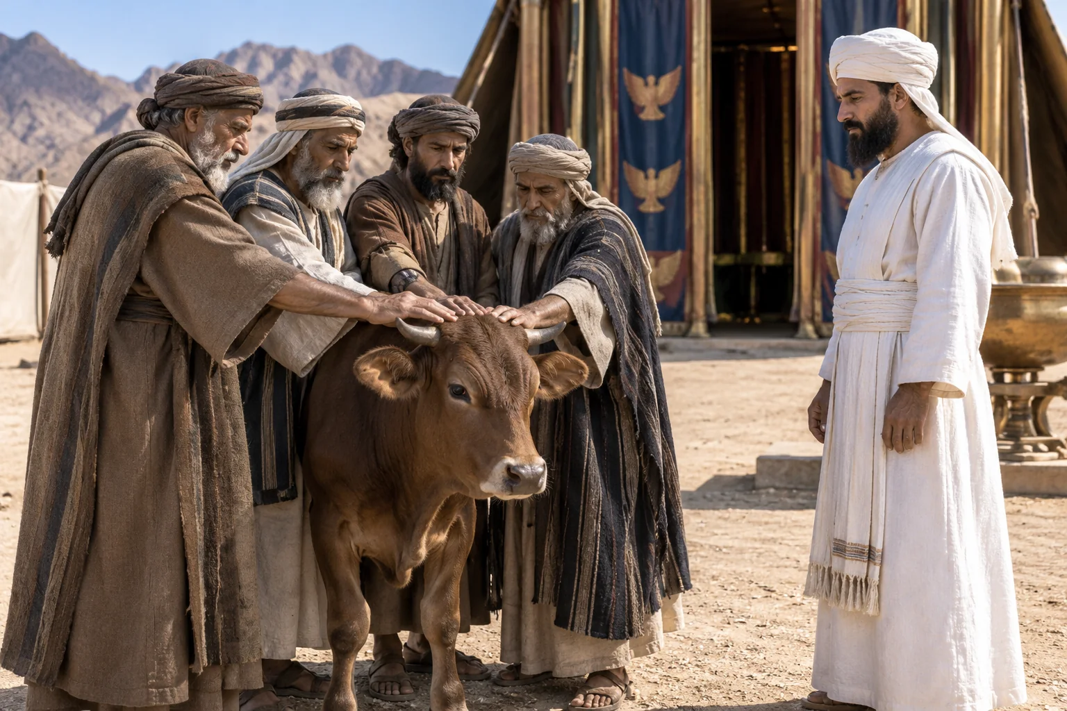 Beeld bij Leviticus 4: De oudsten leggen hun handen op het rund