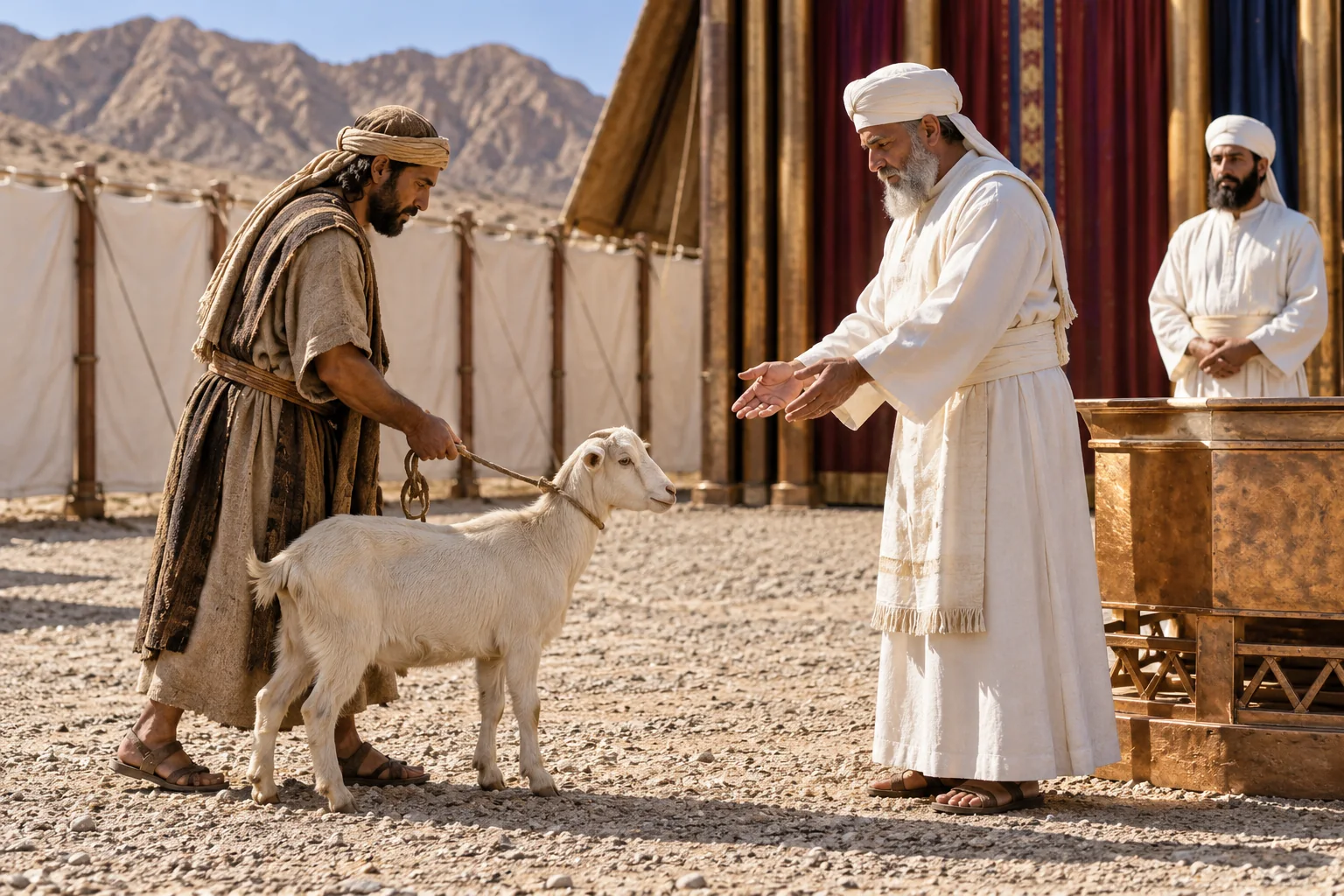 Beeld bij Leviticus 4: Een jonge geit wordt als zondoffer gebracht