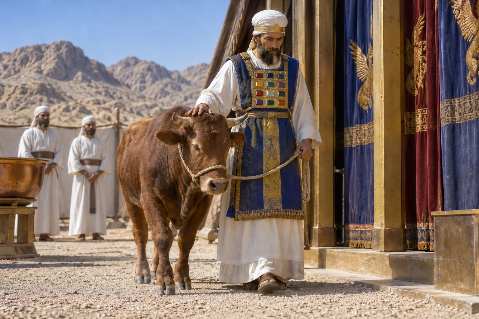 Beeld bij Leviticus 4: Het jonge rund wordt bij de tent gebracht