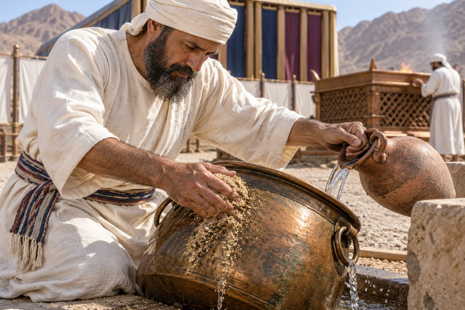 Beeld bij Leviticus 6: Een koperen vat wordt geschuurd en gespoeld