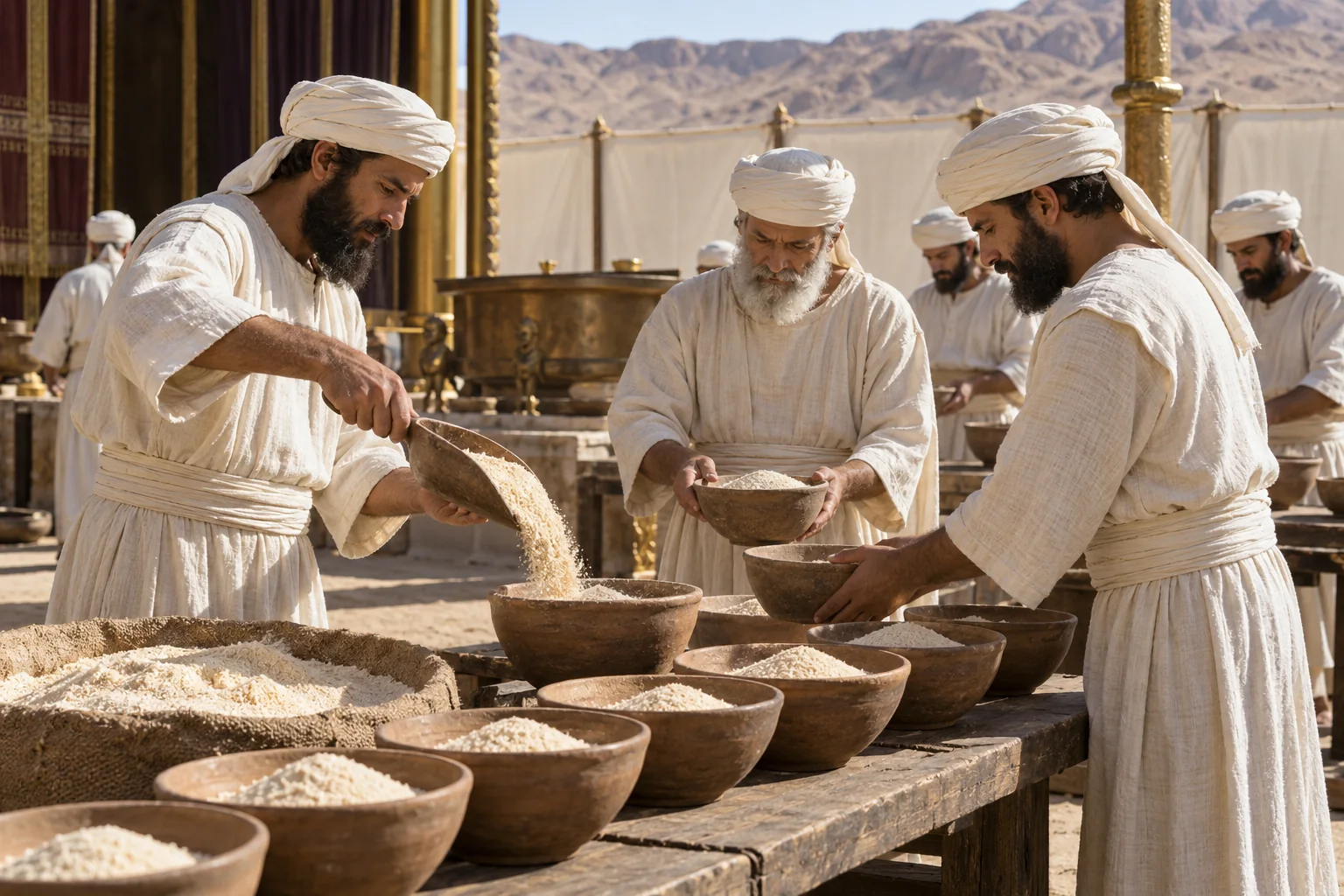Beeld bij Leviticus 7: Het graanoffer wordt eerlijk gedeeld