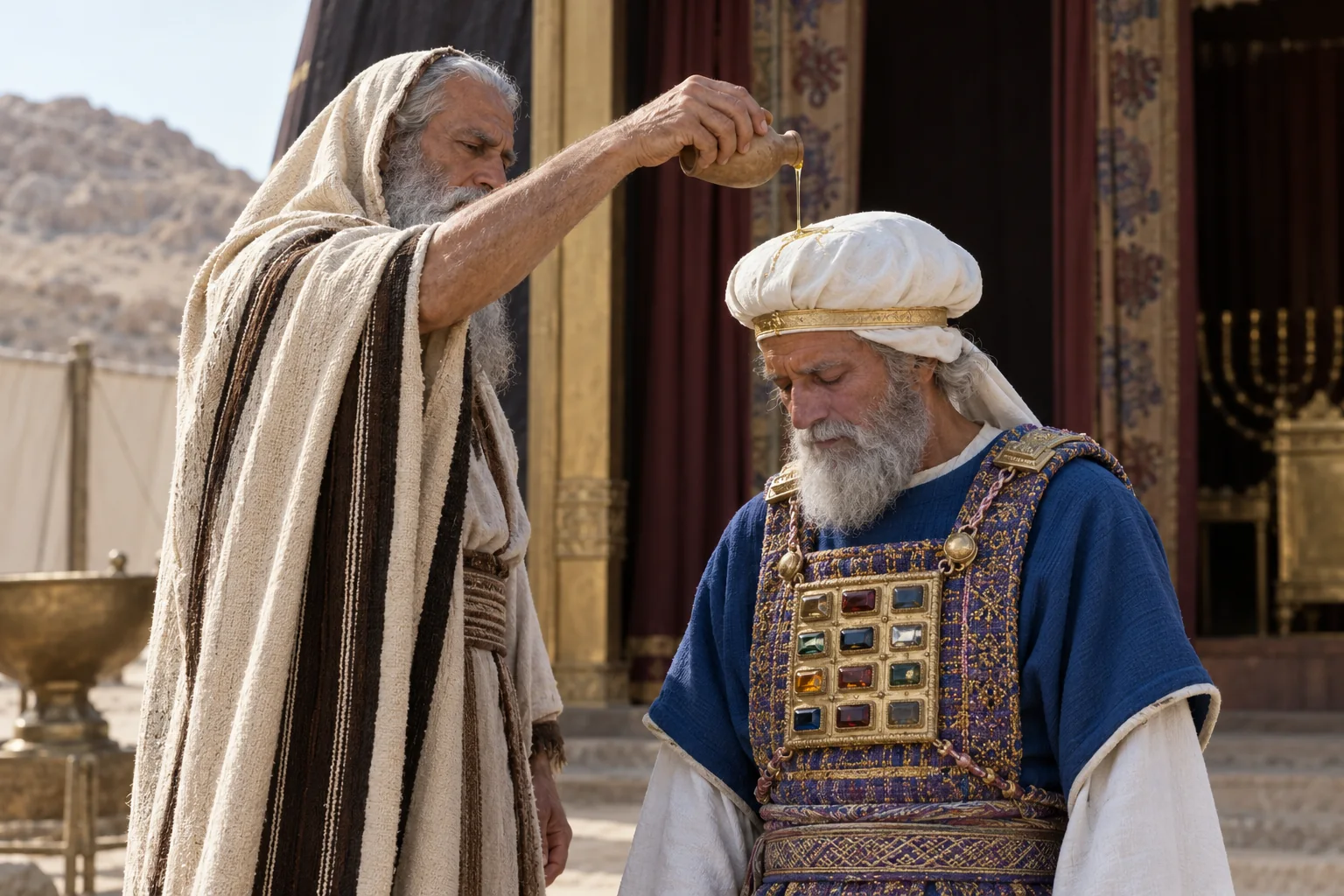 Beeld bij Leviticus 8: Mozes zalft Aäron
