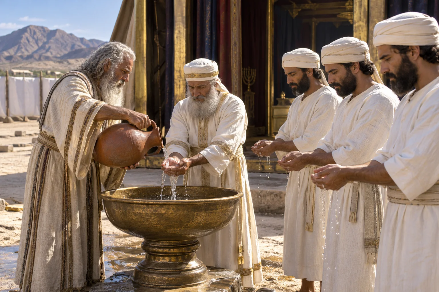 Beeld bij Leviticus 8: Mozes wast Aäron en zijn zonen