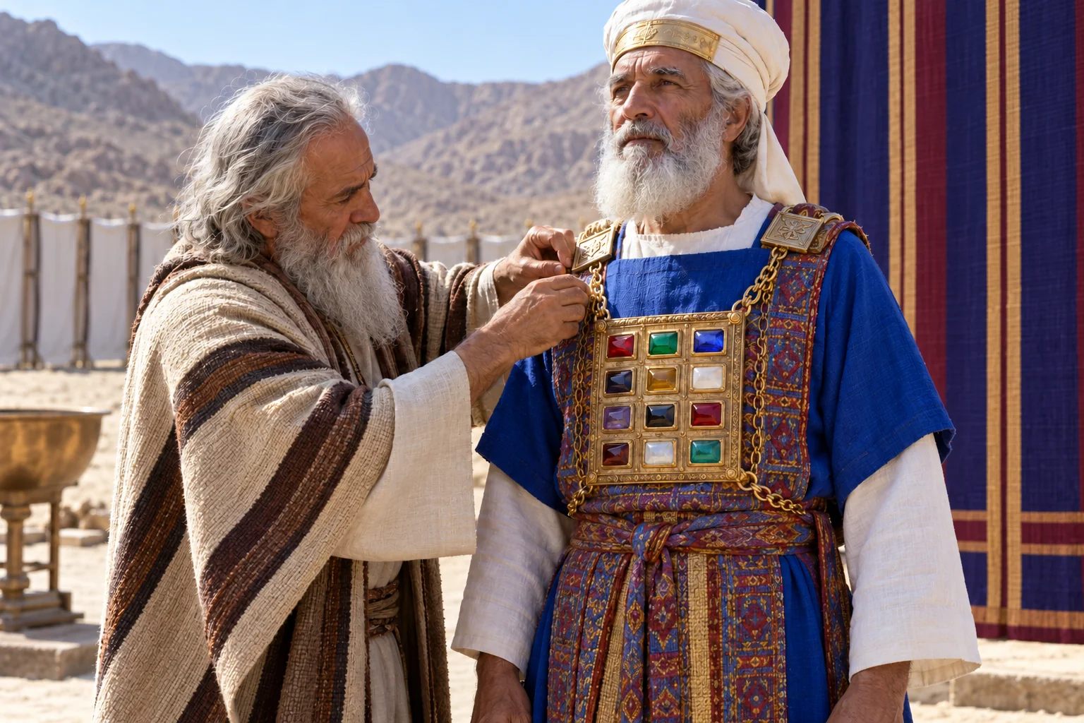 Beeld bij Leviticus 8: De borstlap wordt Aäron omgedaan