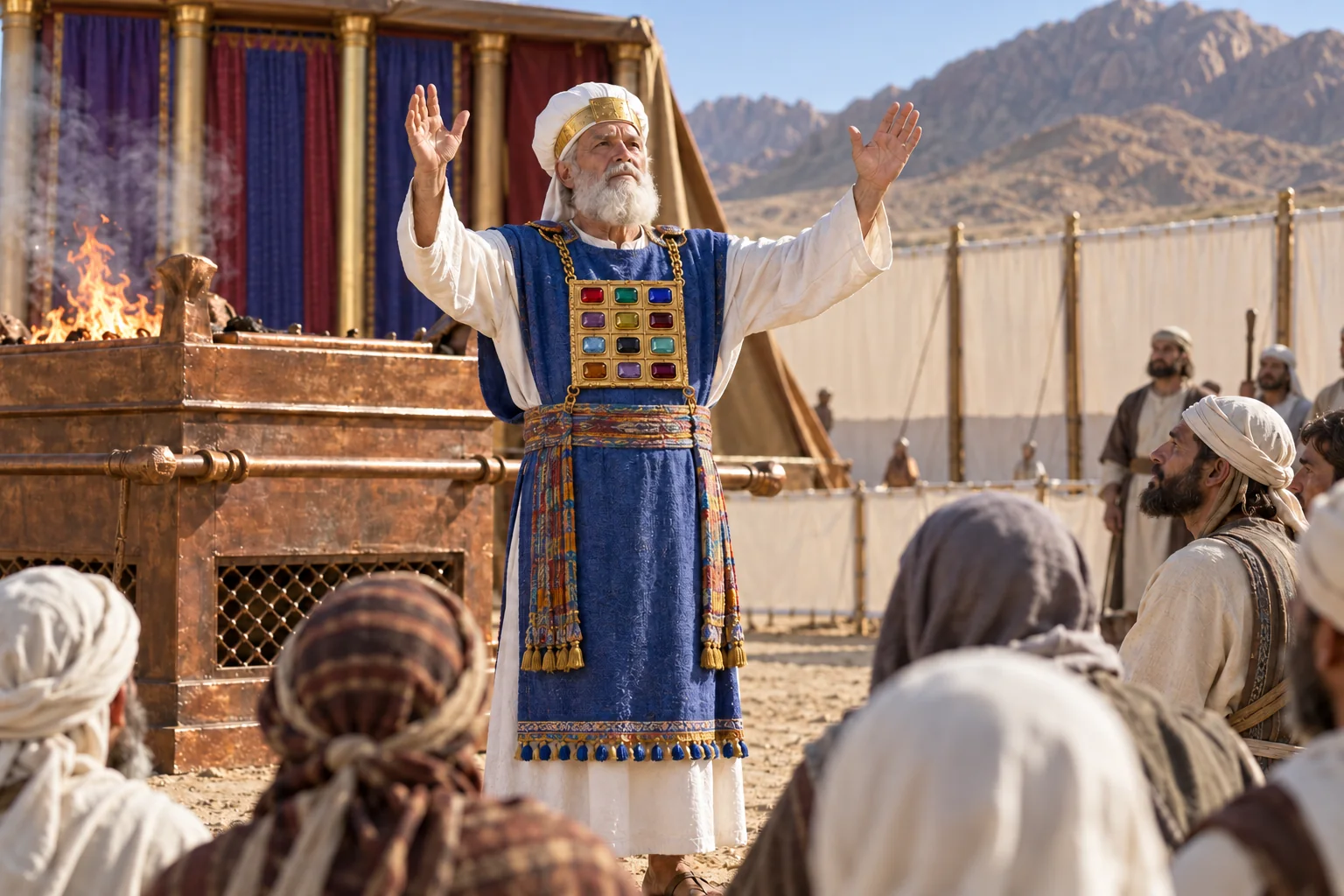 Beeld bij Leviticus 9: Aäron heft zijn handen op en zegent