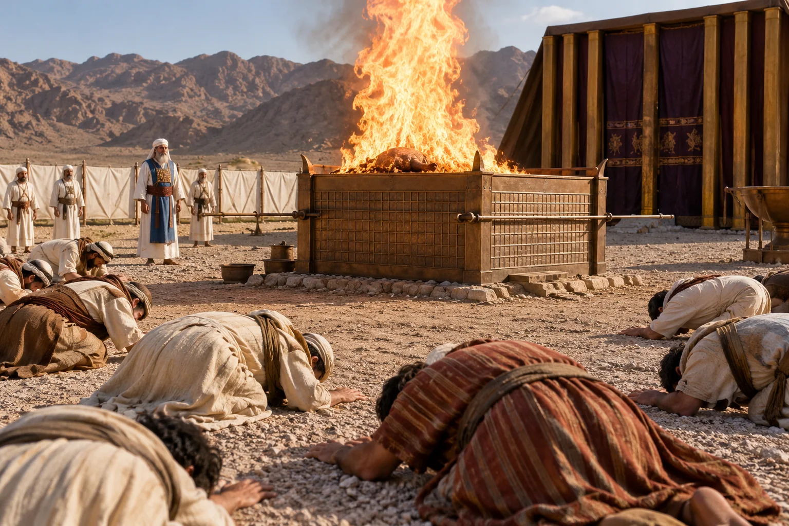 Beeld bij Leviticus 9: Het volk buigt zich bij het vuur op het altaar