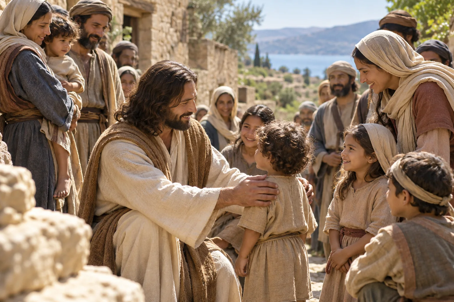 Jezus ontvangt kinderen op een dorpspad
