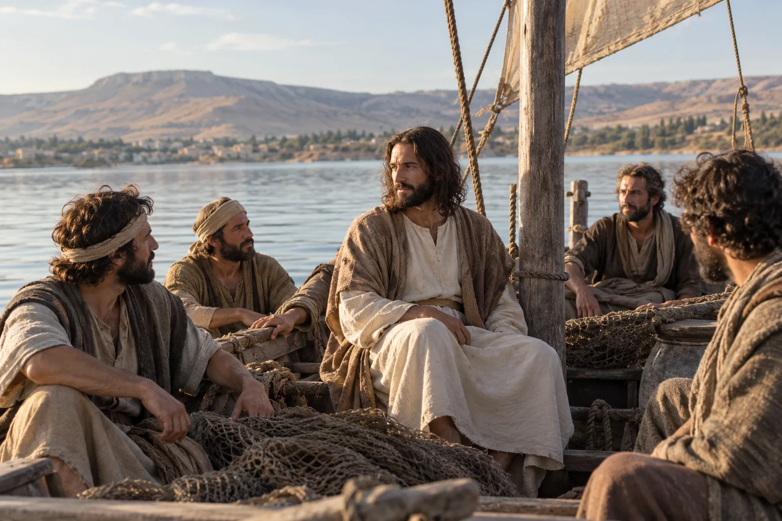 Jezus en zijn leerlingen varen op het Meer van Galilea na de storm