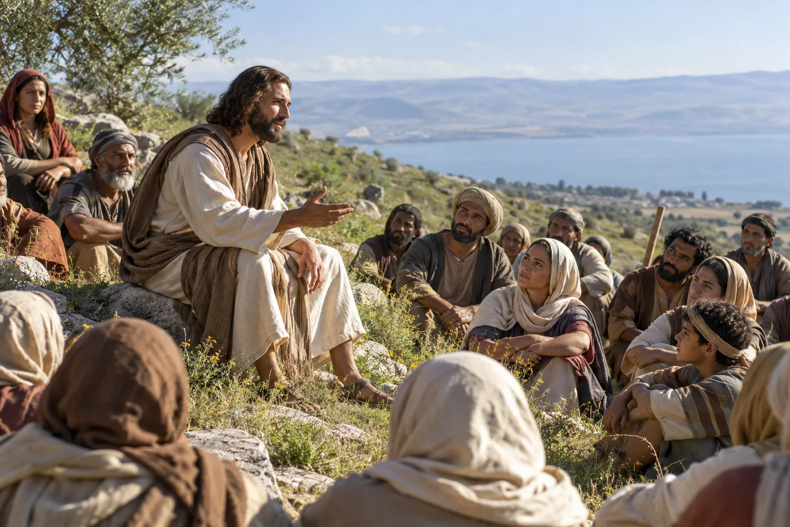 Jezus onderwijst een menigte op een heuvel