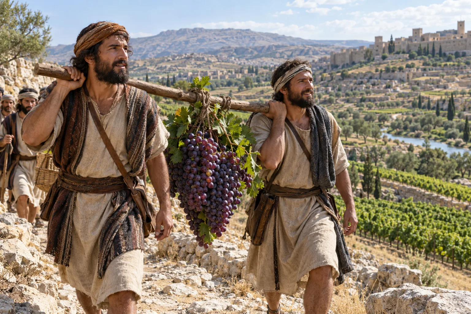 Verspieders dragen een grote druiventros door het dal