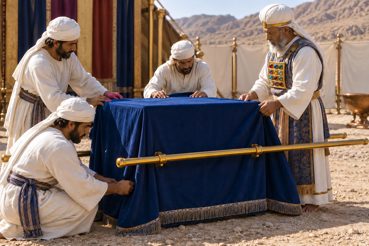 Beeld bij Numeri 4: De ark wordt voor de reis bedekt