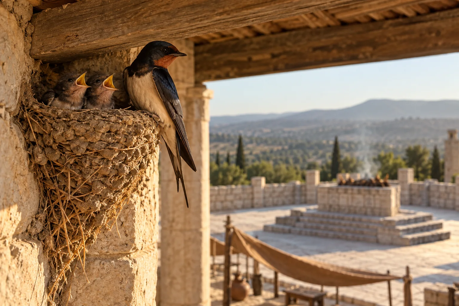 Beeld bij Psalmen 84: Een zwaluw vindt een nest bij het heiligdom