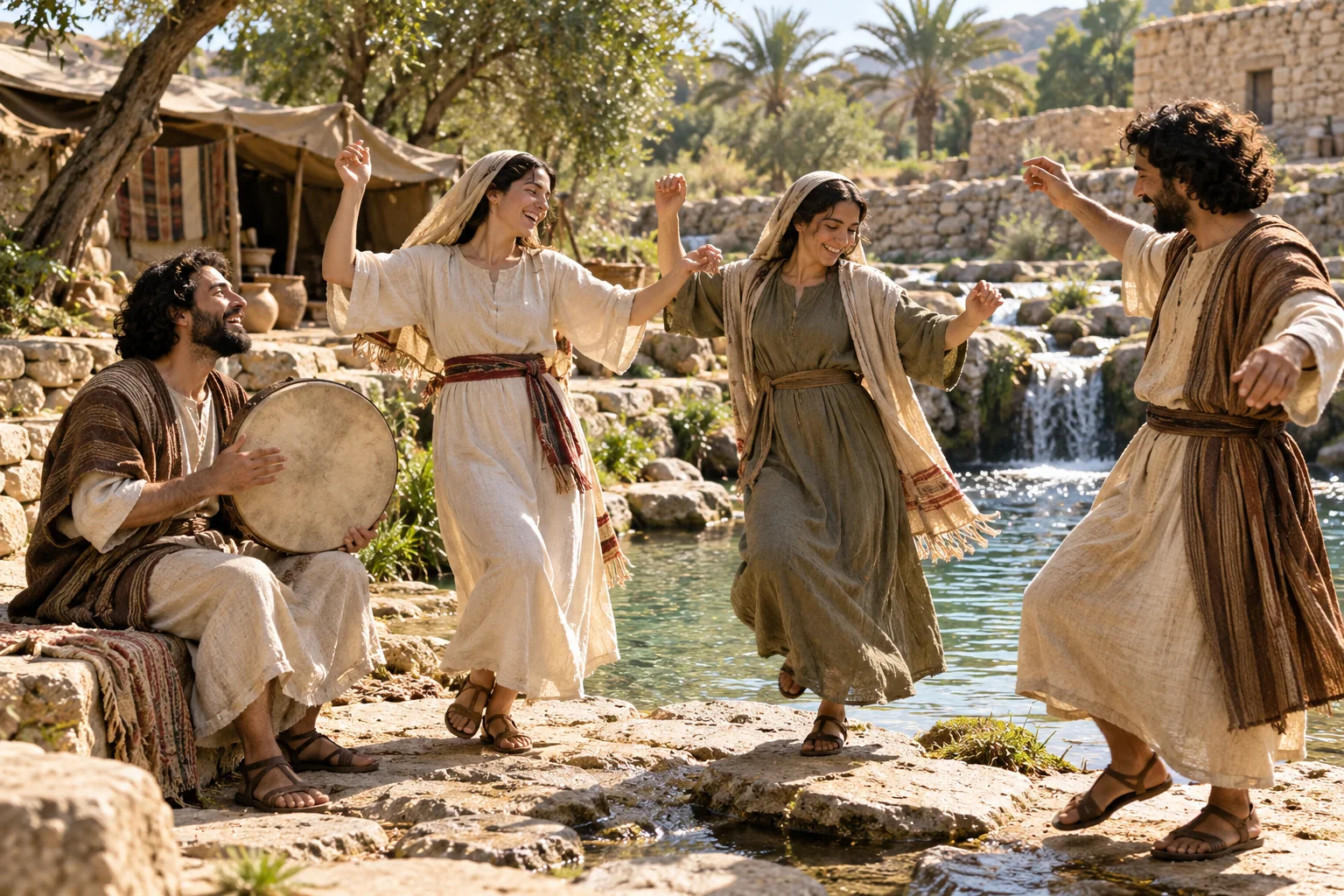 Beeld bij Psalmen 87: Zangers en dansers bezingen hun bron