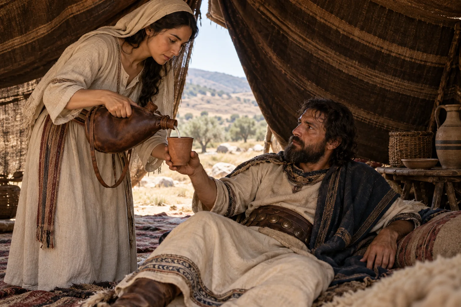 Beeld bij Richteren 4: Jaël geeft Sisera melk te drinken.