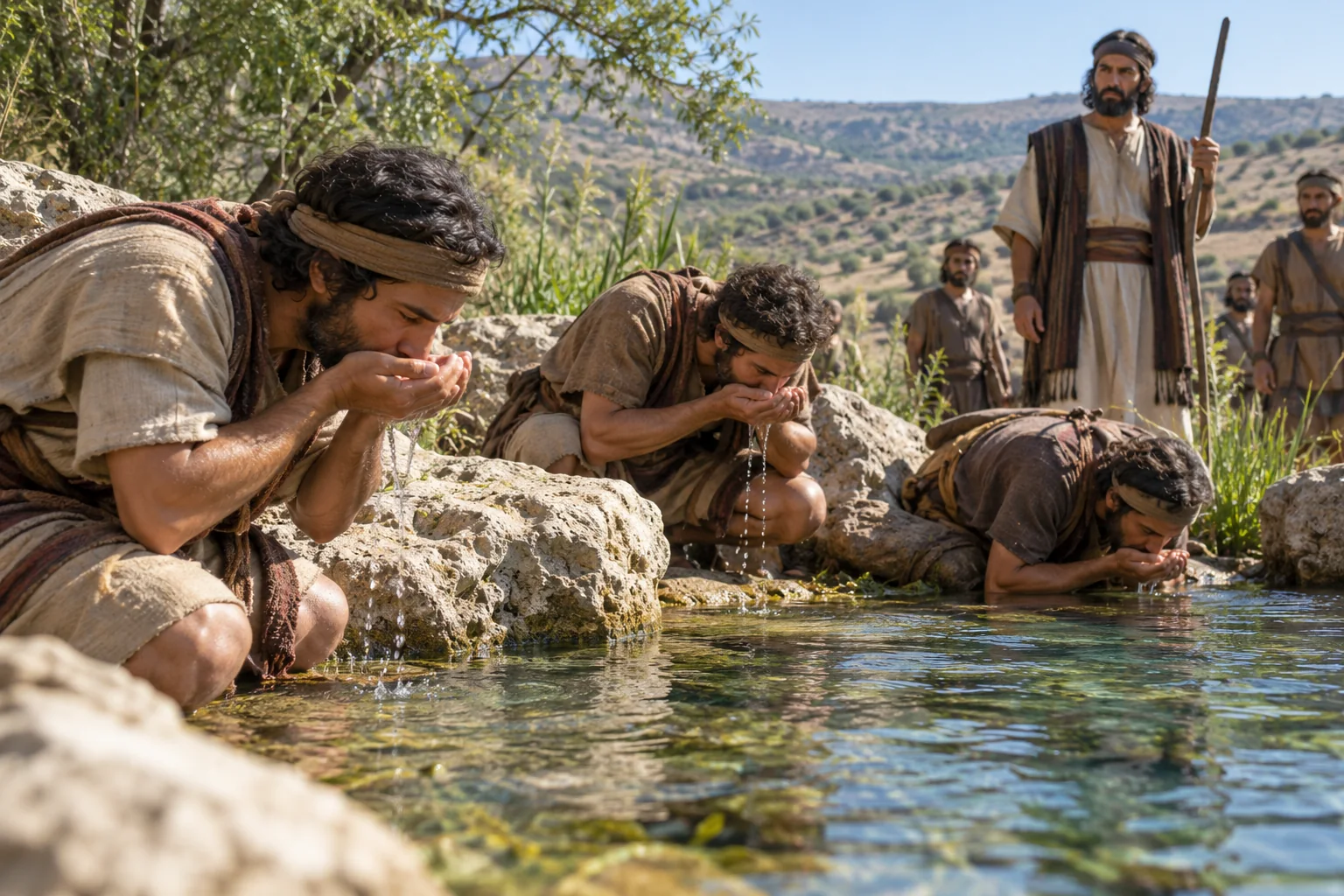 Beeld bij Richteren 7: De mannen scheppen water met hun handen.