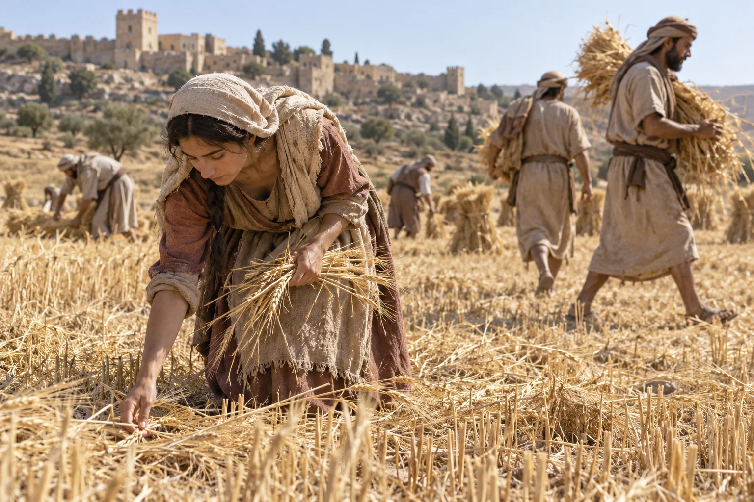 Ruth verzamelt aren op de akker van Boaz