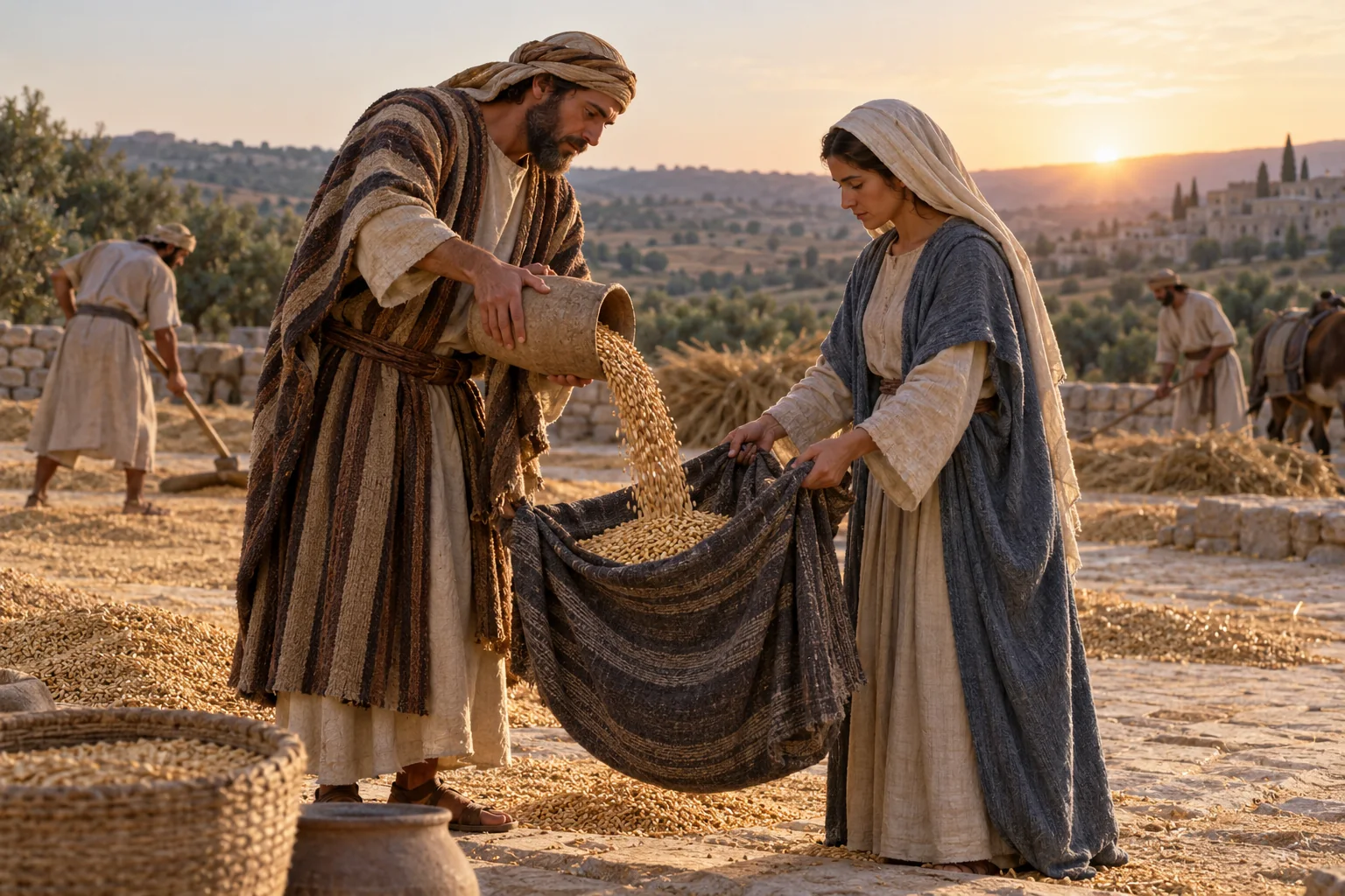 Beeld bij Ruth 3: Boaz geeft Ruth zes maten gerst mee.