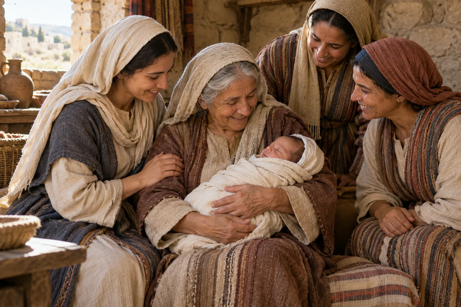 Beeld bij Ruth 4: Naomi neemt Obed op haar schoot.