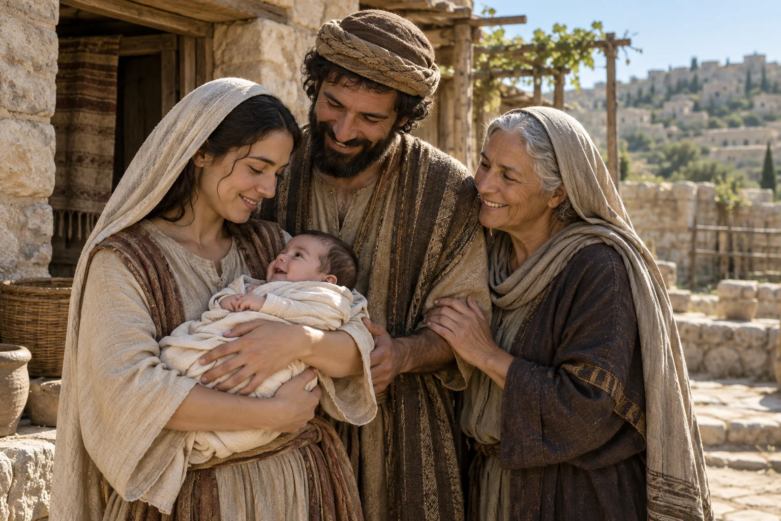 Ruth en Boaz staan met Naomi en hun kind bij het huis